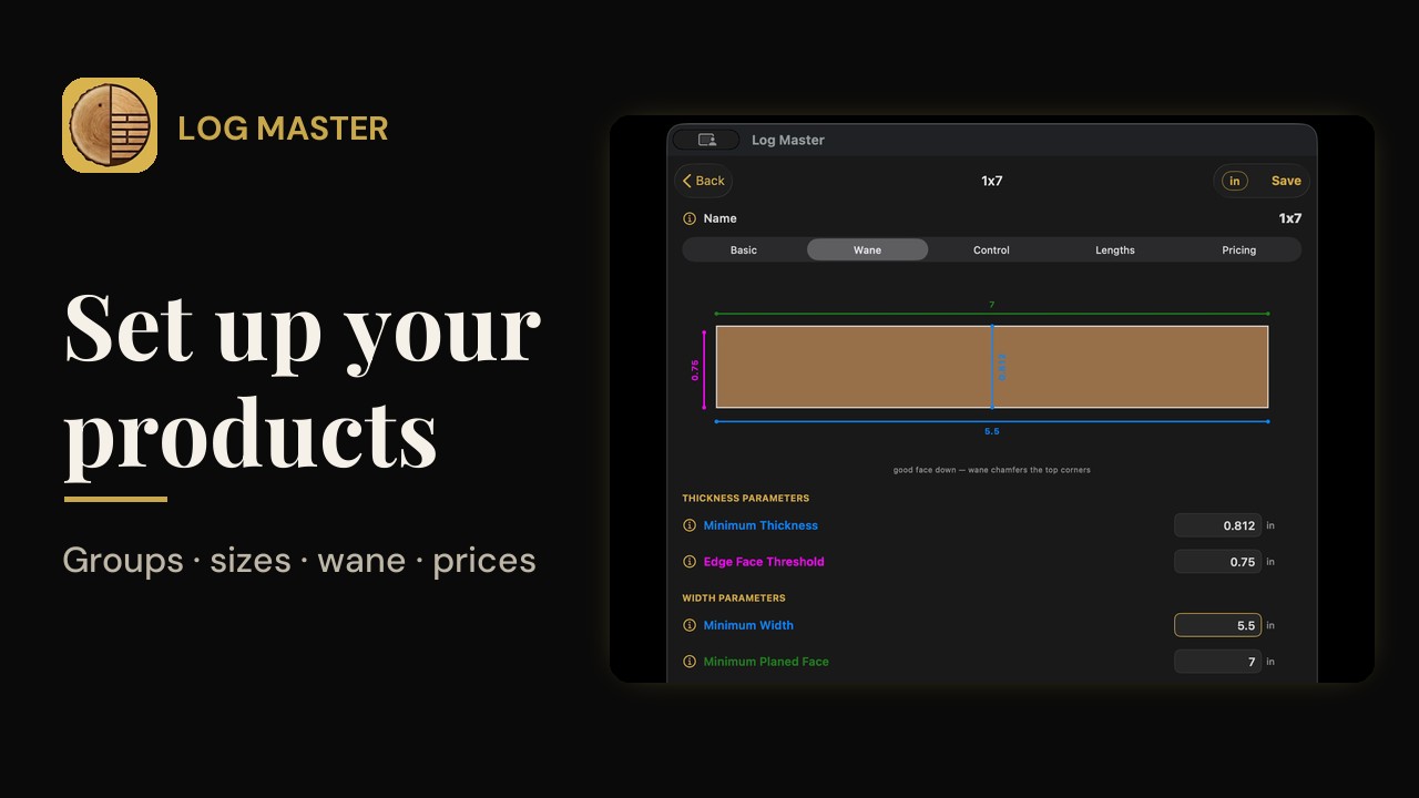 Log Master Product Setup screen, showing the data-set picker