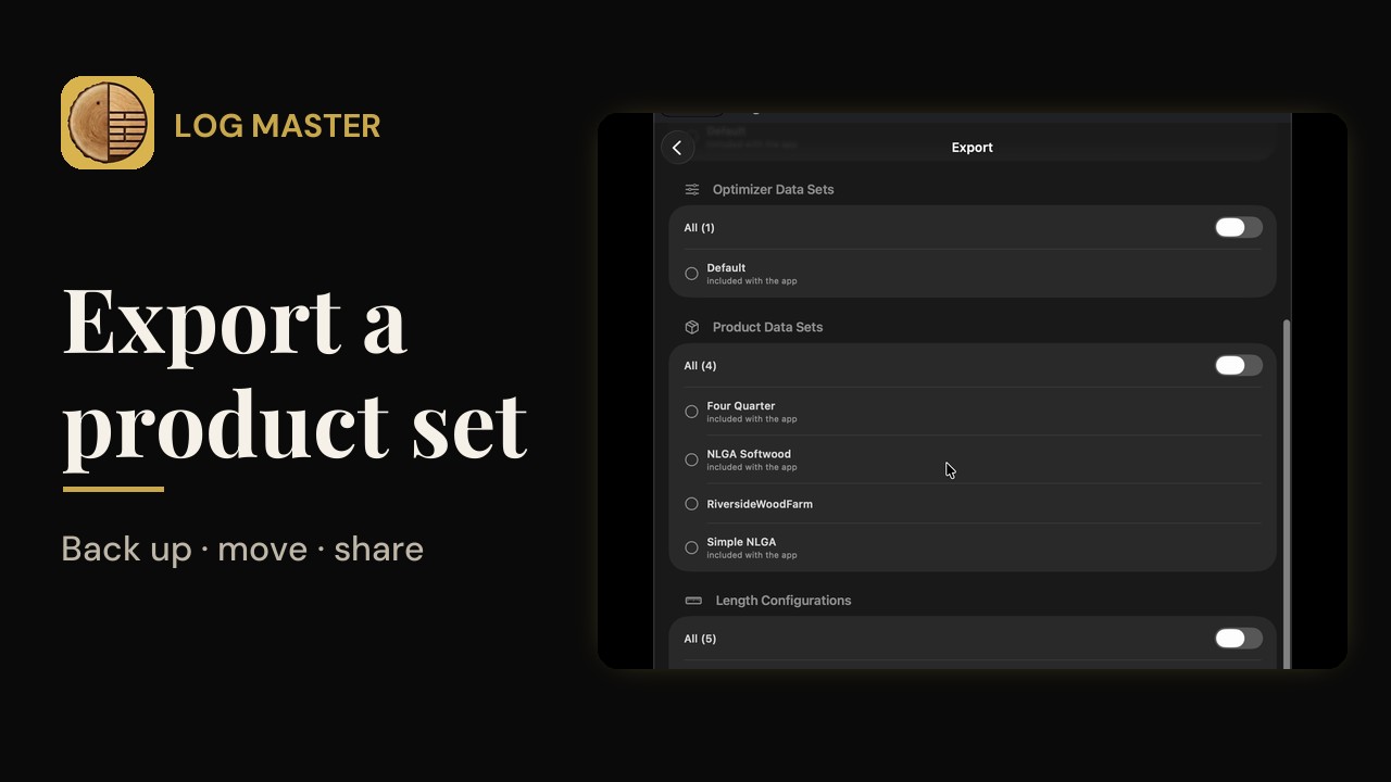 Log Master Export screen, listing a product data set to export