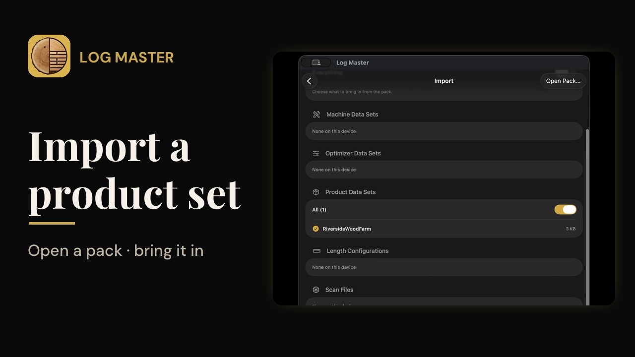 Log Master Import screen, showing a pack file's contents