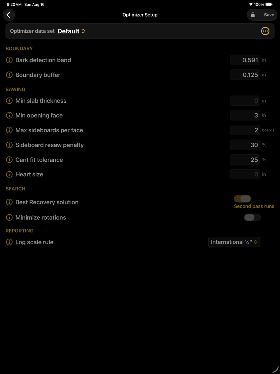 The Optimizer Setup screen