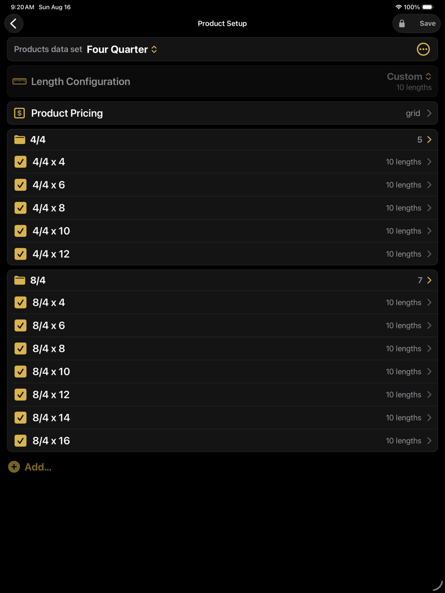 The Product Setup screen