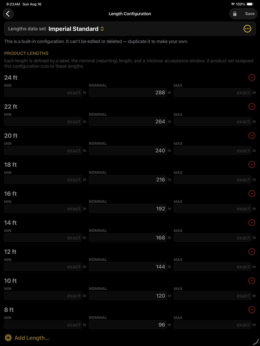 The Length Configuration screen