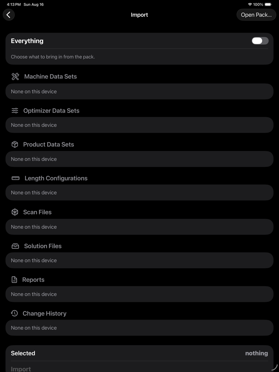 The import screen