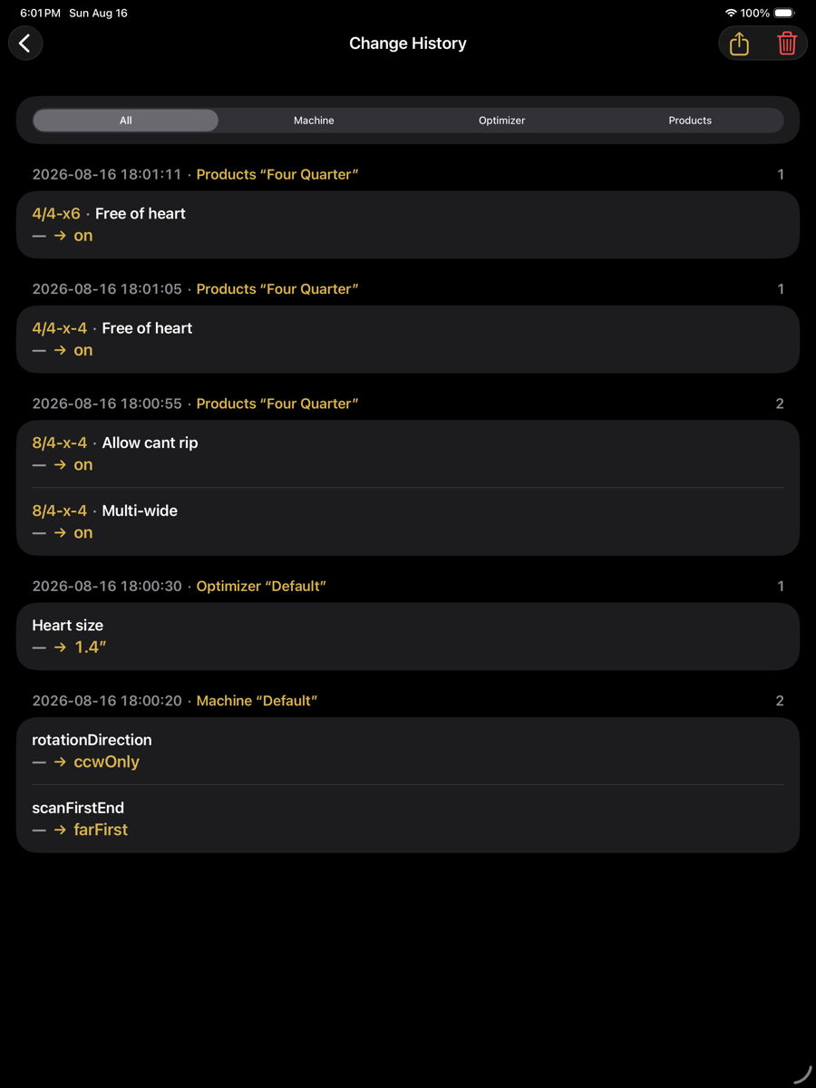 The Change History screen