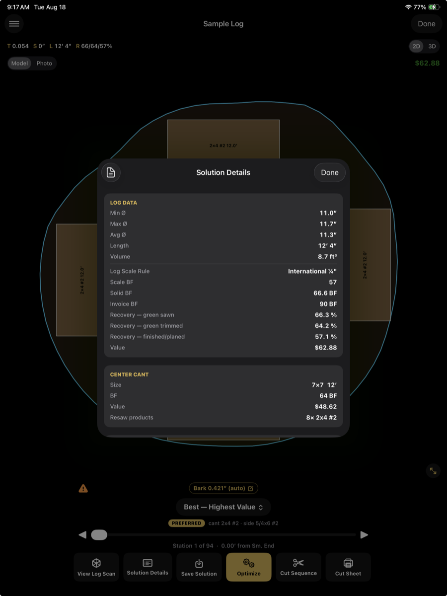 Solution Details — log data and centre cant
